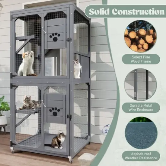 SEVOBAL Large Catio Outdoor Cat Enclosure Window Access 4 Tiers Cat Crate with Wheels Box Waterproof Indoor Pet House Cage, Gray, 31.5"*31.5"*71" image {3}