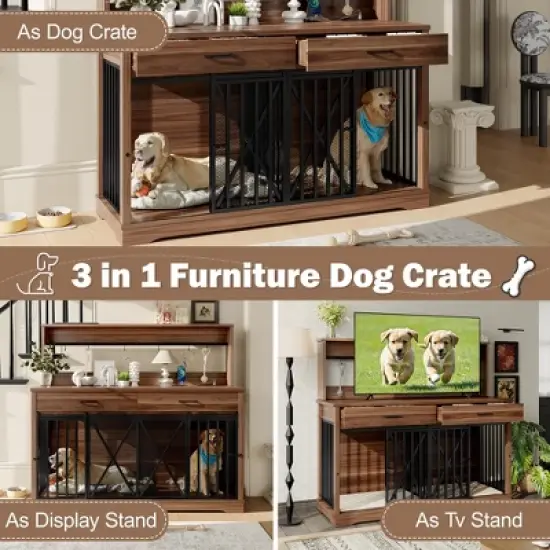 Dog Crate Furniture for Large or 2 Medium Dogs, Heavy Duty Dog Cage Table with 2 Storage Drawers and Shelves,for 2 Dogs with Divider Locks image {5}