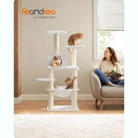 Feandrea WoodyWonders Cat Tree, Cat Tower for Indoor Cats, 54.3-Inch Multi-Level Cat Condo, Scratching Posts, Hammock, Removable, Washable Cushions image {1}
