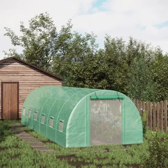 Outsunny 26' x 10' x 7' Walk-in Tunnel Hoop Greenhouse, PE Cover, Steel Frame, Roll-Up Zipper Door and Mesh Windows for Flowers and Vegetables, Green image {1}