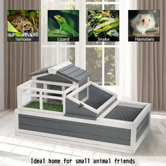 KWPZQEB 3- Room Tortoise House Habitat with Balcony & 2 Stories, Wooden Tortoise Enclosure with Ladder, Tray&pound;&not;Large Reptile Cage for Indoor, Outdoor image {2}