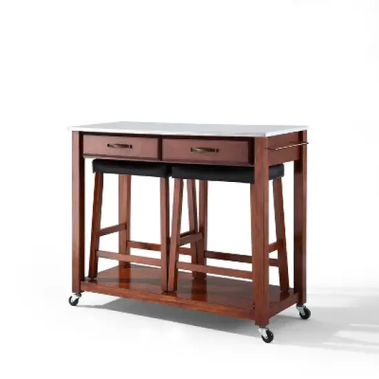 Stainless Steel Top Kitchen Prep Cart with 2 Upholstered Saddle Stools Cherry - Crosley image {7}