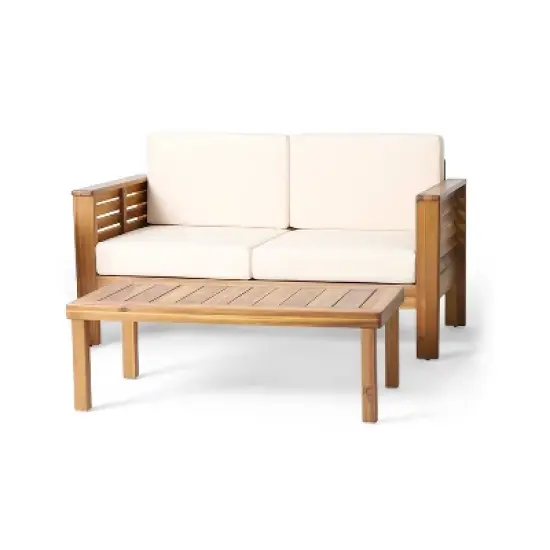 Christopher Knight 2pc Home Louver Outdoor Acacia Loveseat and Coffee Table Set with Cushions image {15}