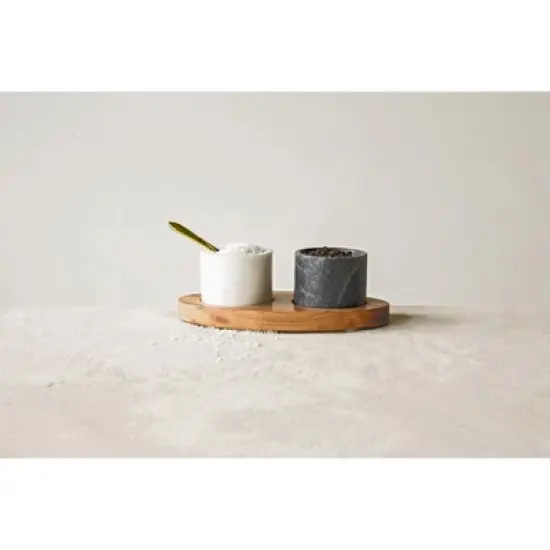 Storied Home Round Marble Bowls on Mango Wood Tray with Brass Salt Spoon, White and Black, Set of 2 image {1}