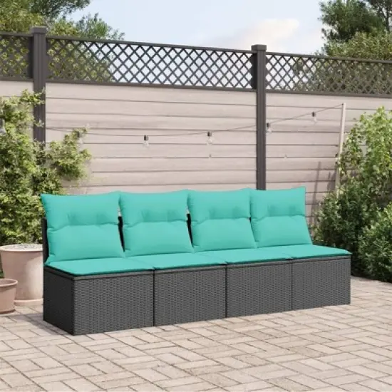 vidaXL 4-Seater Patio Sofa Outdoor Furniture - Black Poly Rattan with Cushions, Modular Design, Adjustable Feet image {2}