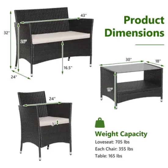 Tangkula 4PCS Outdoor Sofa Set Patio Rattan Wicker Conversation Set w/ Coffee Table image {3}