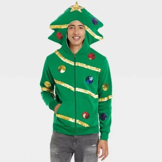 Men's Holiday Christmas Tree Zip-Up Sweatshirt - Green S image {2}