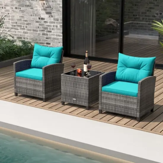Tangkula 3 Pieces Patio Bistro Set Outdoor PE Rattan Conversation Chair Set with Tempered Glass Side Table and Removable Cushions Turquoise image {2}