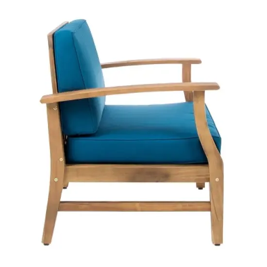 Perla 4pk Acacia Wood Club Chairs - Teak/Blue - Christopher Knight Home: Outdoor Seating with Iron Hardware, Foam Cushions image {4}