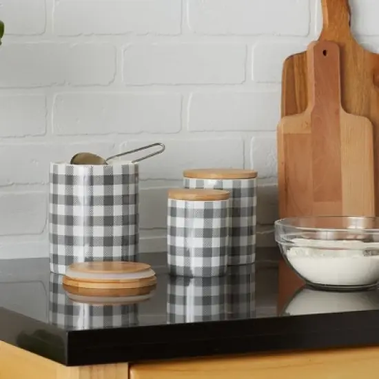 Design Imports Gray & White Buffalo Check Ceramic Canister Set/3 image {7}