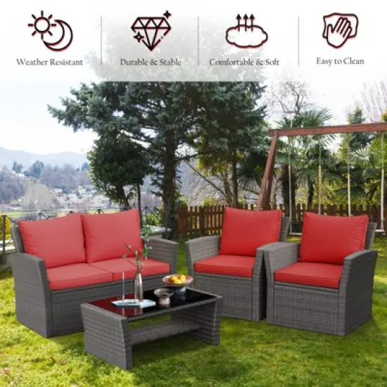 Tangkula 4-Piece Rattan Wicker Patio Outdoor Furniture Sofa Set with Cushions & Tempered Glass Table image {7}