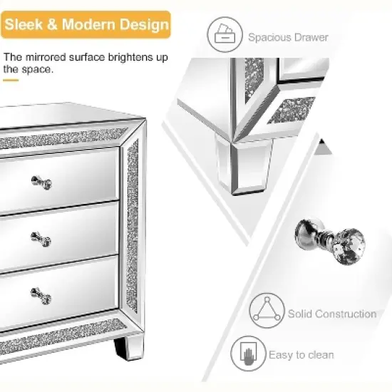 VINGLI Mirrored Nightstand Glass End Table, 23" W Silver Night Stand for Bedroom, Mirrored Bedside Table with Storage, Glass Mirror Nightstand image {3}