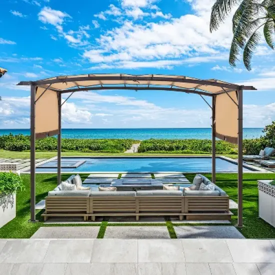 COWLOWN Beige Outdoor Pergola, Retractable Metal Design with Sun Shade for Backyard, Patio and Garden Use image {1}