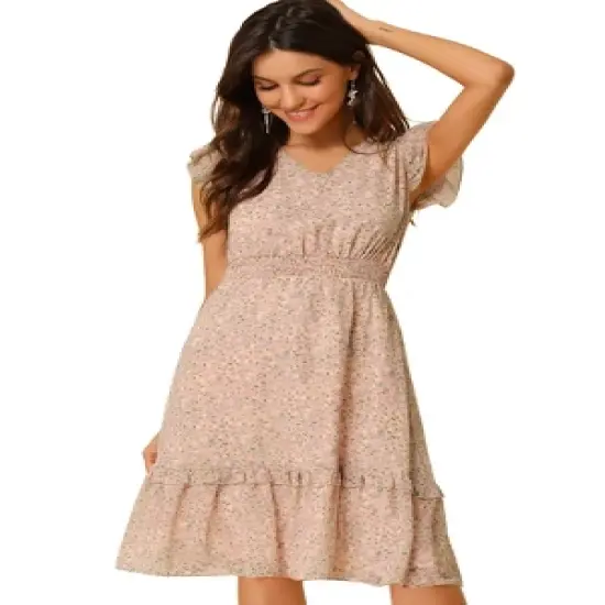 Allegra K Women's Floral Flutter Sleeves V Neck Smocked Ruffle Dress image {5}