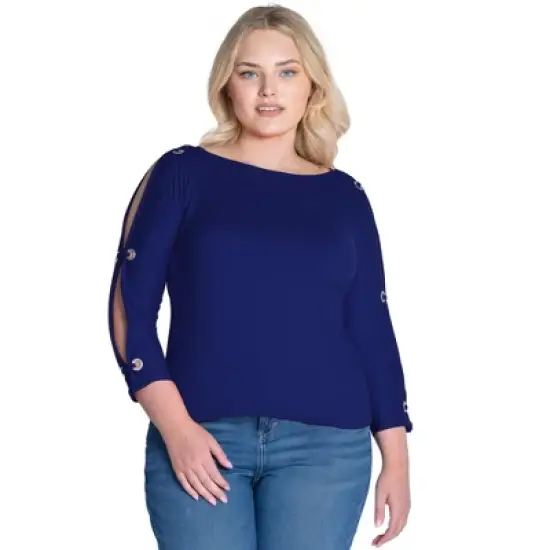 Womens Plus Size Three Quarter Sleeve Boatneck Cold Shoulder Top image {5}