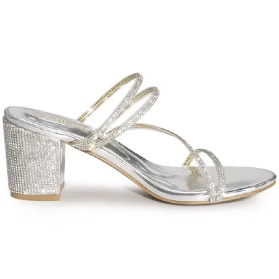 Allegra K Women's Strappy Rhinestone Block Heel Slide Sandals image {5}