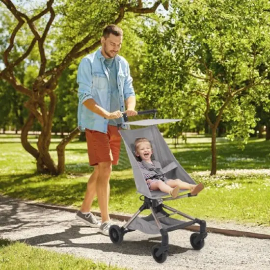 Lightweight Baby Stroller, Compact Travel Stroller with Easy One-Hand Fold, Adjustable Canopy, Storage Basket & All-Terrain Wheels, Light Grey image {5}