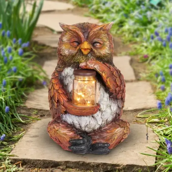 9.84" Glass and Resin Solar Garden Owl with LED Firefly Jar - Exhart image {10}