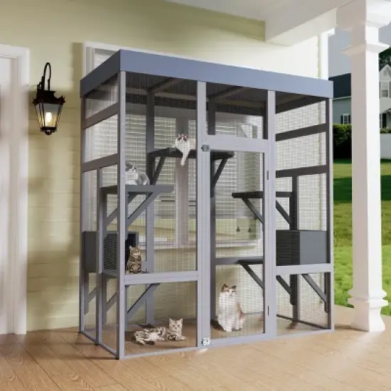 KTMBDW Catio Outdoor Cat Enclosure, Large Cat House for Mulitiple Cats Walk in Cat Cage with Waterproof Fabric, 7 Platforms and 2 Resting Box, Gray image {8}
