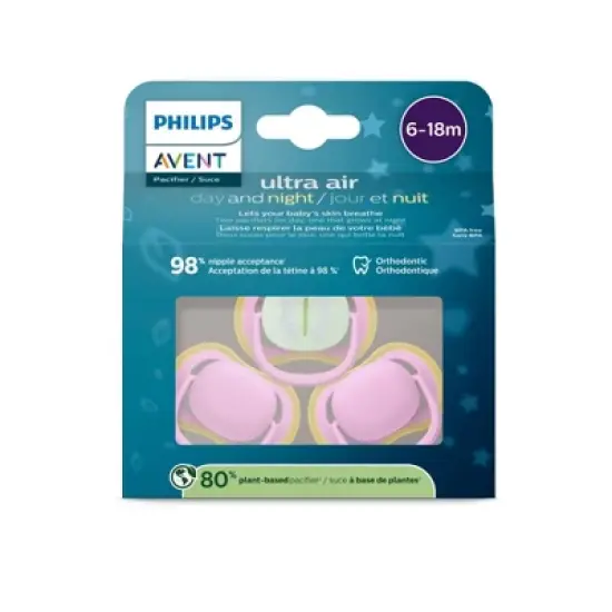 Philips Avent Ultra Air Pacifiers 6-18m - Pink/Butterfly Day+Night - 3pk image {4}