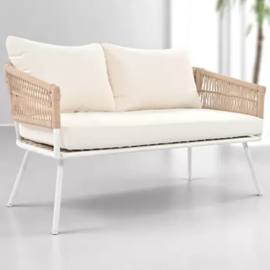 4-Piece Boho Patio Furniture Set with Handmade Rope Weave, Acacia Wood Table, and Metal Frame image {2}