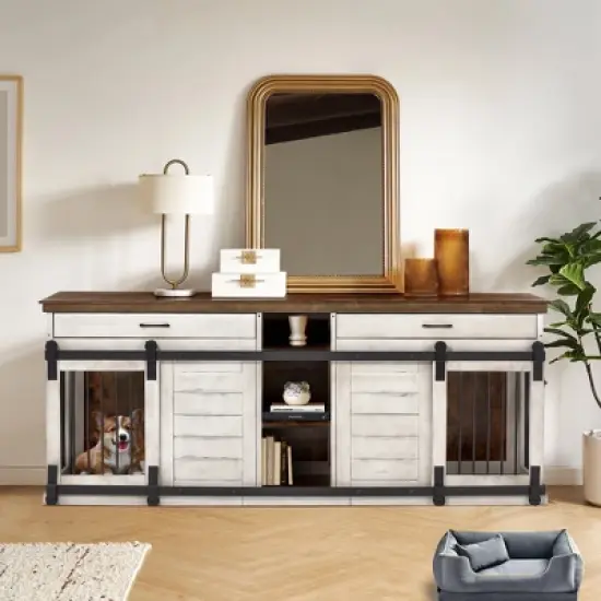 Erommy 84" Wood Dog Crate Furniture Indoor with Divider, Dog Crate End Table with 2 Drawers for Large Breeds, White image {2}