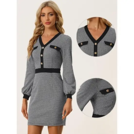 Allegra K Women's Houndstooth V Neck Long Sleeves Elegant Sheath Dresses image {1}