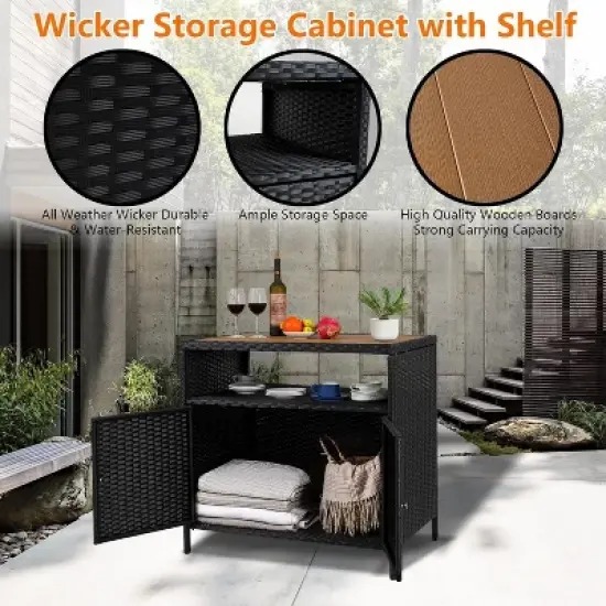 Versatile Outdoor Wicker Storage Cabinet with Shelf & Weather-Resistant Patio Bar Table, Convenient Access image {3}
