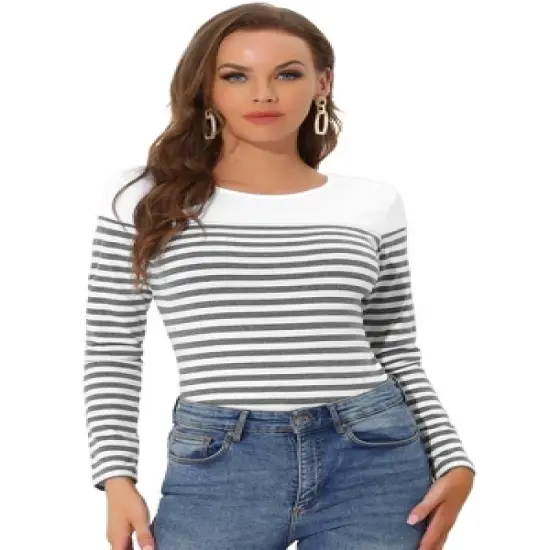 Allegra K Women's Color Block Long Sleeve Striped T-Shirt image {16}