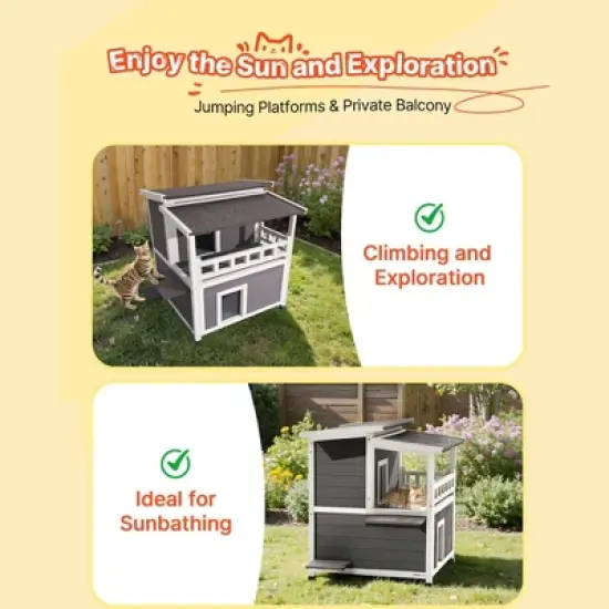 VEVOR Insulated Cat House, 2-Story Wooden Cat Shelter, Foam Insulation, Feral Kitty Shelter with Balcony, Waterproof Cats Condos, White&Grey image {3}