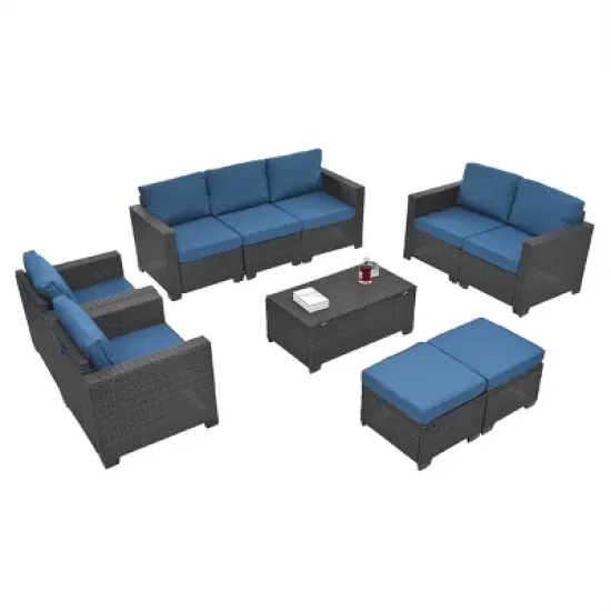 ELJGET 10PCS Outdoor Patio Rattan Furniture Set Cushioned Sectional Sofa Storage Coffee Table Deep Brown Wicker image {2}