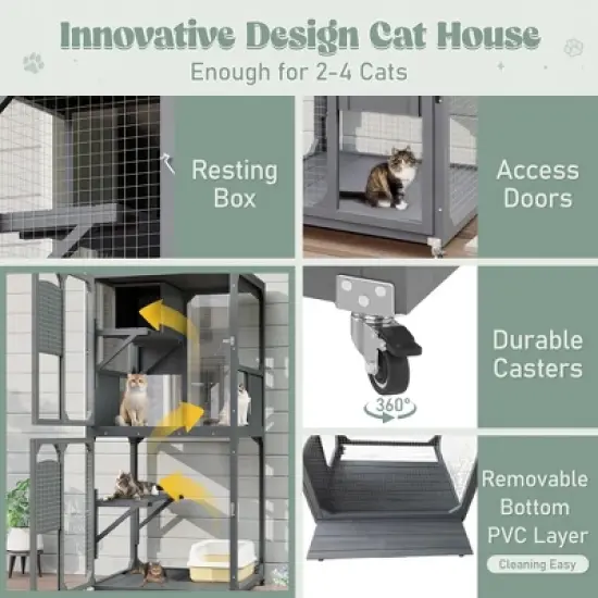 YOOCOZZ Catio  Indoor and Outdoor Cat Enclosure Window Access, 4 Tiers Cat House with Wheels, Resting Box & Waterproof Roof-Gray image {5}