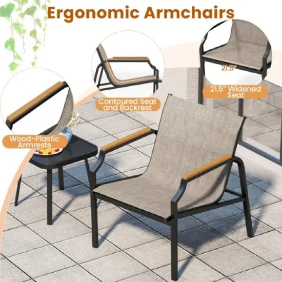 Tangkula 3 PCS Outdoor Chair Set Metal Frame Armchair & Table w/ Breathable Fabric Seat image {5}