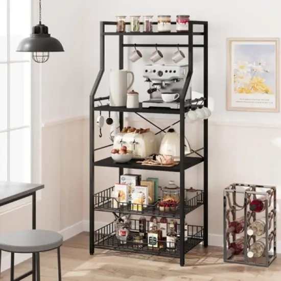 5-Tier Kitchen Bakers Rack & Microwave Oven Stand &ndash; Industrial Coffee Bar Station with 2 Large Wire Baskets, 8 Hooks & Multi-Storage Utility Shelf image {8}