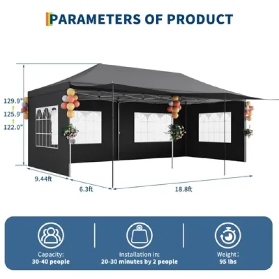 10x20 Pop Up Canopy Tent, Heavy Duty Commercial Easy Up Canopy with Removable Sidewalls, Awning & Roller Bag for Outdoor, Parties, Garden Gazebo Tent image {7}