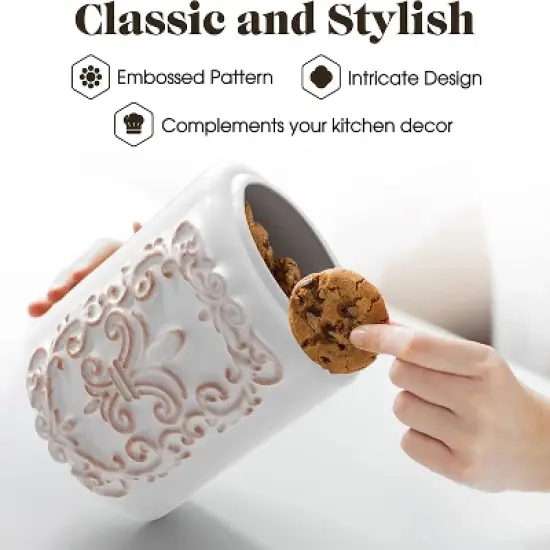 American Atelier 2-Piece Ceramic Canister Jar W/ Fleur De Lis Embossed Design & Airtight Stainless-steel Lid For Sugar, Flour, Coffee, & More, White image {3}