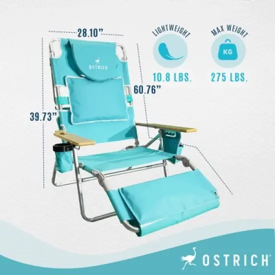 Ostrich Deluxe 3N1 Lightweight Lawn Beach Reclining Lounge Chair with Footrest, Outdoor Furniture for Patio, Balcony, Backyard, or Porch, Aqua image {1}
