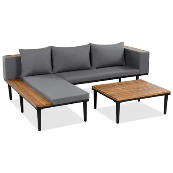FIONECA Patio Furniture Set, L-Shaped Acacia Wood Outdoor Sectional Sofa with Side Table & Coffee Table, Removable Gray Cushions image {7}