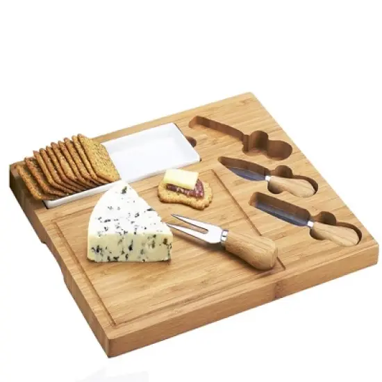 Picnic at Ascot Personalized Engraved Premium Bamboo Charcuterie Board with Cheese knives & Ceramic Dish image {2}