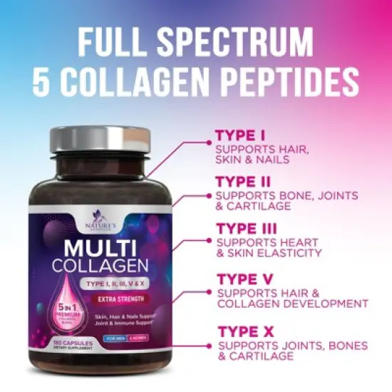 Multi Collagen Supplement, Type I, II, III, V, X Collagen Pills, Collagen Supplements, Hair, Skin, Nail & Joint - 180 Capsules By Nature's Nutrition image {2}