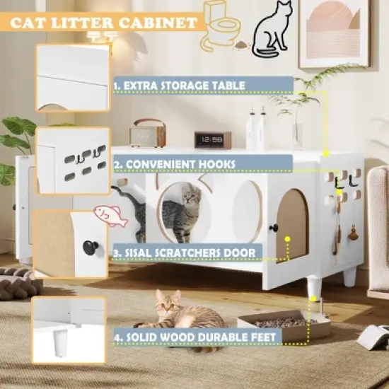 Cat Cabinet Cat House Cat Litter Box Enclosure with Sisal Cat Scratcher & Hooks, Sideboard Storage Cabinet, White - ModernLuxe image {2}