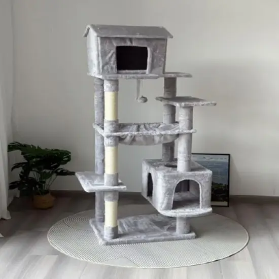 SEVOBAL Pet Tower 63-Inch Multi-Level Cat Tree with Plush Perches, Scratching Posts, Spacious for Play, Relaxation, Gray, 22.44"*11.42"*18.5" image {3}