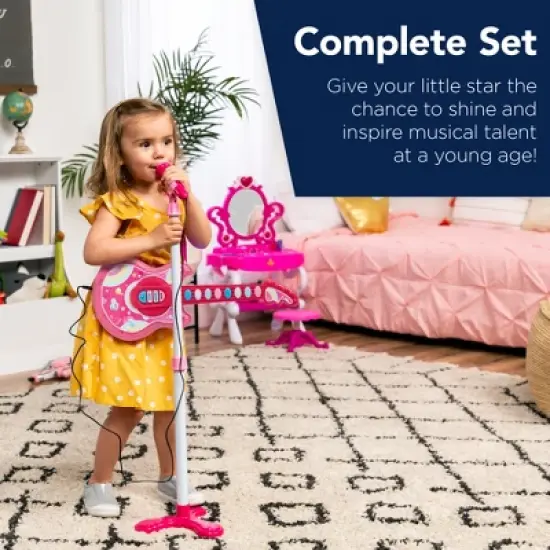 Best Choice Products 19in Kids Flash Guitar, Pretend Play Musical Instrument Toy for Toddlers w/ Mic, Stand - Pink image {1}