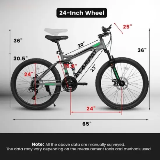 NAYSAYE Bicycle 24 Inch Mountain Bike Full Suspension 21 Speed for Unisex Adults Ideal for Trails, Gray, 65"*25"*36" image {3}