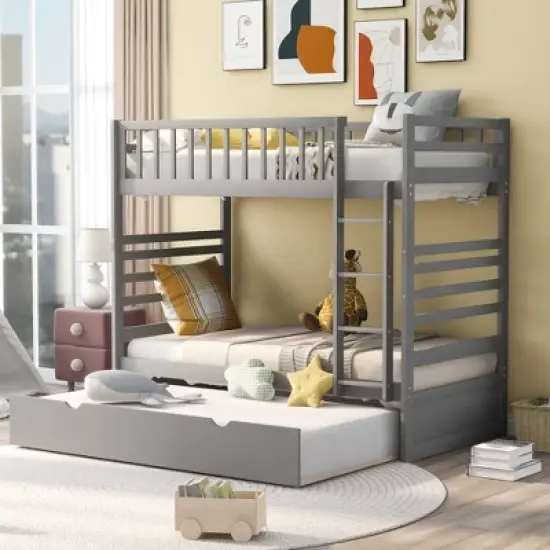 Twin Over Twin Wood Bunk Bed with Safety Rail and Movable Trundle-ModernLuxe image {14}