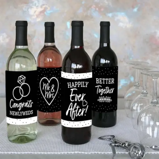 Big Dot of Happiness Mr. and Mrs. - Black and White Wedding or Bridal Shower Decorations for Women and Men - Wine Bottle Label Stickers - Set of 4 image {7}