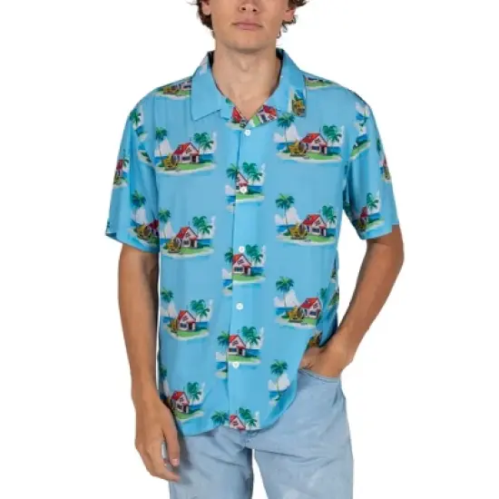 Dragon Ball Z Kame House Sublimation Print Short Sleeve Button Down Light Blue Men's Woven Top image {7}