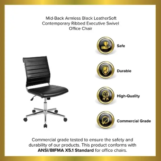 Emma and Oliver Mid-Back Armless LeatherSoft Ribbed Executive Swivel Office Chair image {12}