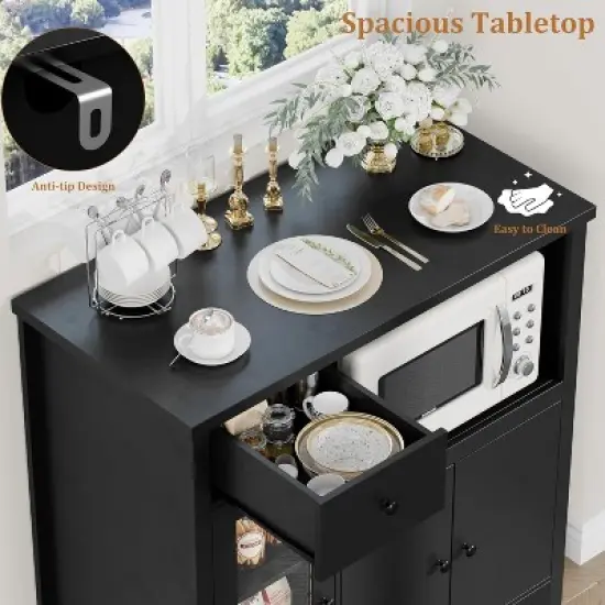 Kitchen Microwave Cabinets with Storage, Buffet Cabinet Sideboard with 3 Doors,1 Drawer and Adjustable Shelves, Pantry Storage Cabinet for Kitchen image {4}