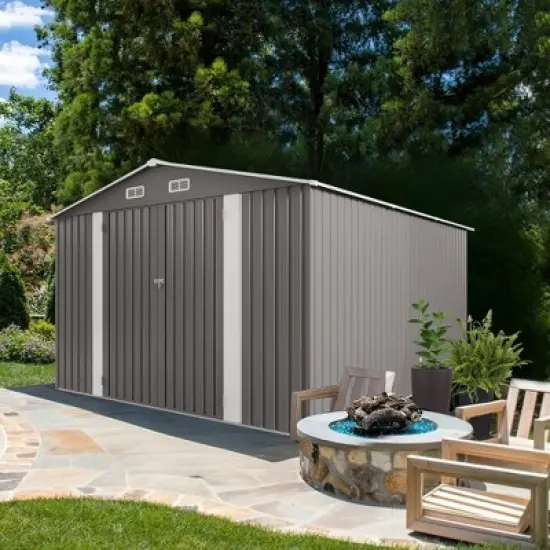 10x12FT Outdoor Storage Shed Large Metal Garden Shed with Double Door Two Window Waterproof Tool Shed for Backyard Patio Lawn Poolside ,Grey image {14}